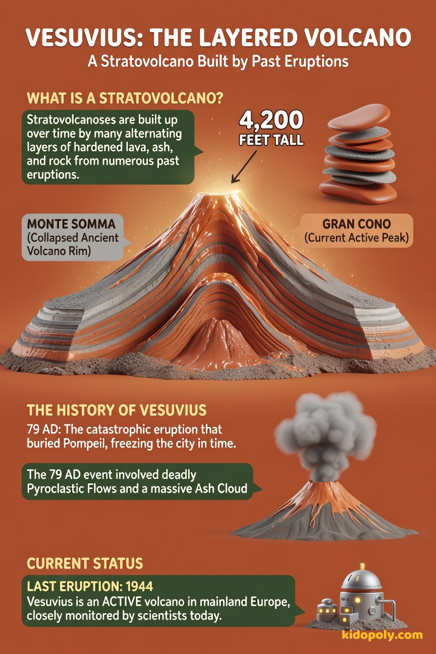 A diagram showing a cross-section of Mount Vesuvius, highlighting the inner, newer cone (Gran Cono) sitting inside the bowl-shaped remnant of an older structure (Monte Somma).
