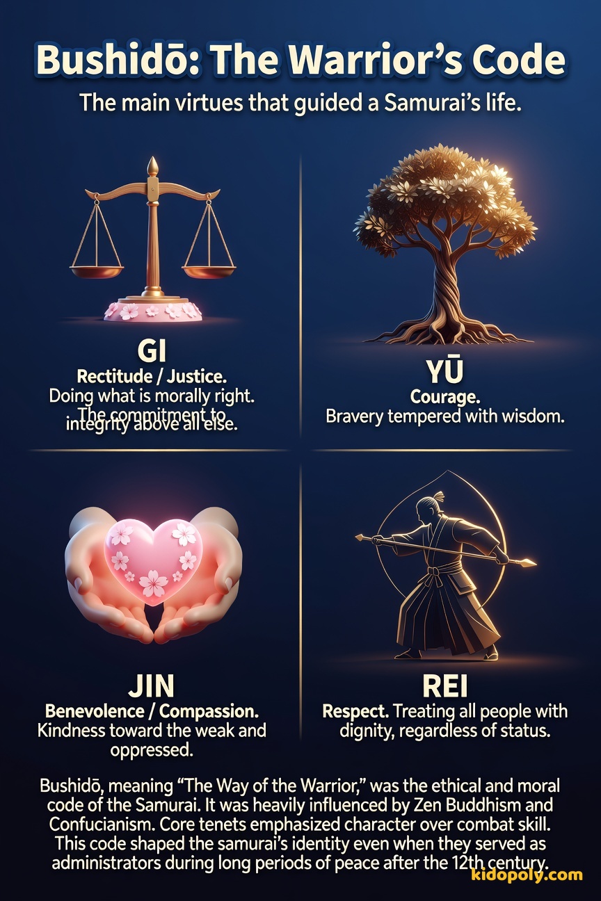 A visual breakdown of the Bushido code showing four key virtues: Gi (Rectitude), Yu (Courage), Jin (Benevolence), and Rei (Respect), each with a simple icon.