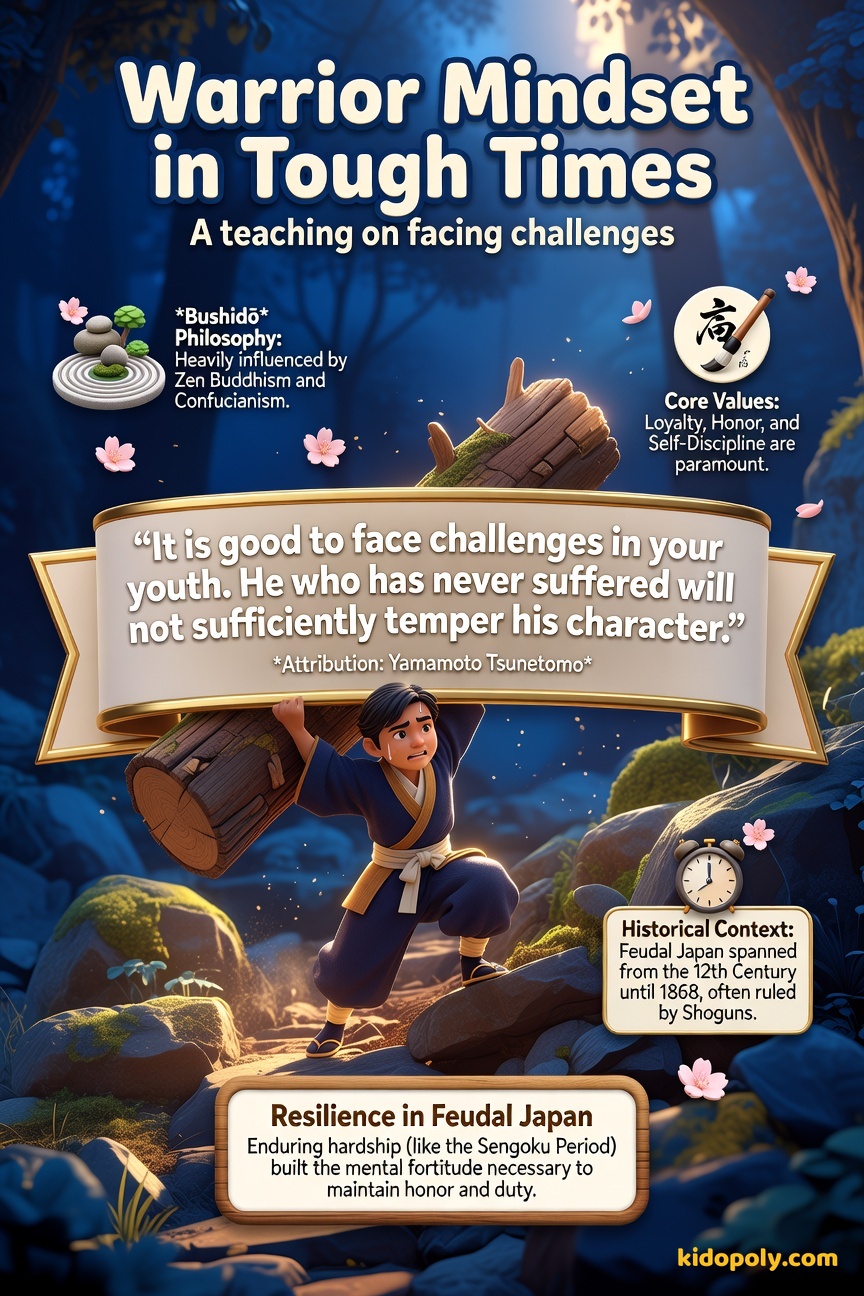 A framed quote from Yamamoto Tsunetomo overlaid on an image of a young, determined samurai apprentice working on a difficult physical task like climbing a steep hill.