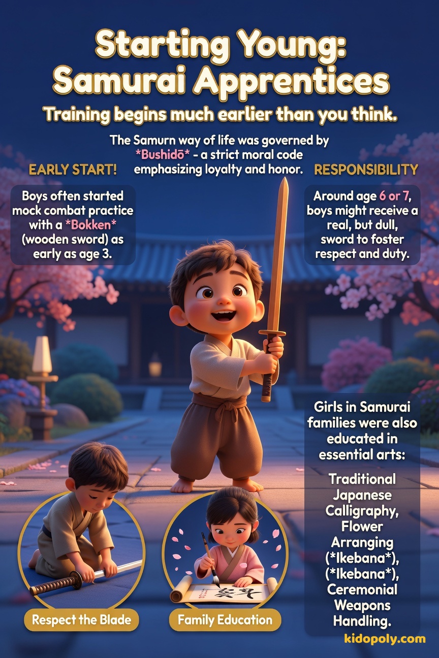 A toddler-aged child in simple clothing cheerfully practicing with a wooden practice sword, watched by a smiling parent.