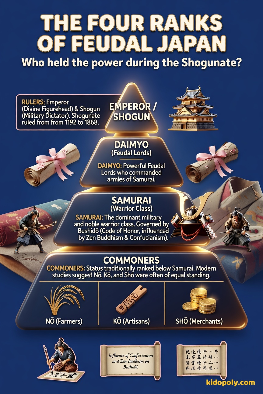 An infographic showing a four-tiered social structure: Shogun/Emperor, Daimyo, Samurai, and the commoner group of Farmers, Artisans, and Merchants.
