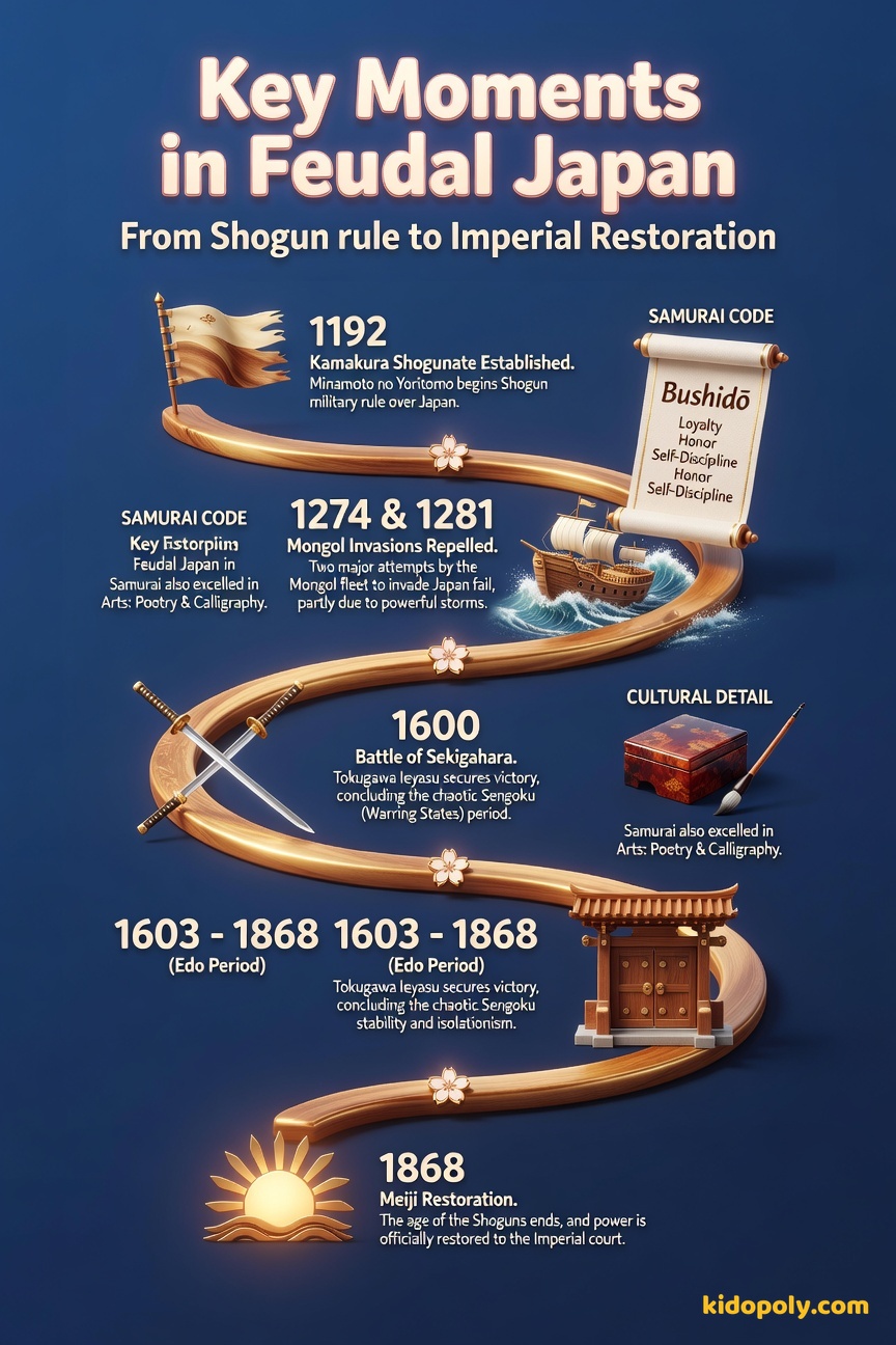 A horizontal timeline showing key dates: 1192 (Kamakura Shogunate begins), 1274/1281 (Mongol Invasions fail), 1600 (Battle of Sekigahara), 1603 (Edo Period begins), and 1868 (Meiji Restoration ends feudalism).