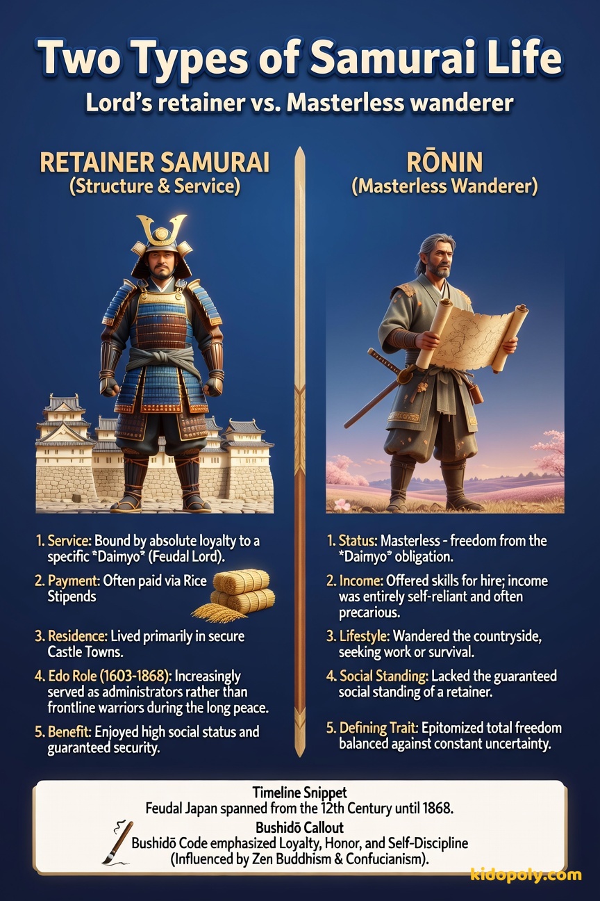 A side-by-side view: one Samurai in polished armor stands formally beside a castle wall (Retainer), next to a figure in simpler clothing looking thoughtfully at a map (Ronin).