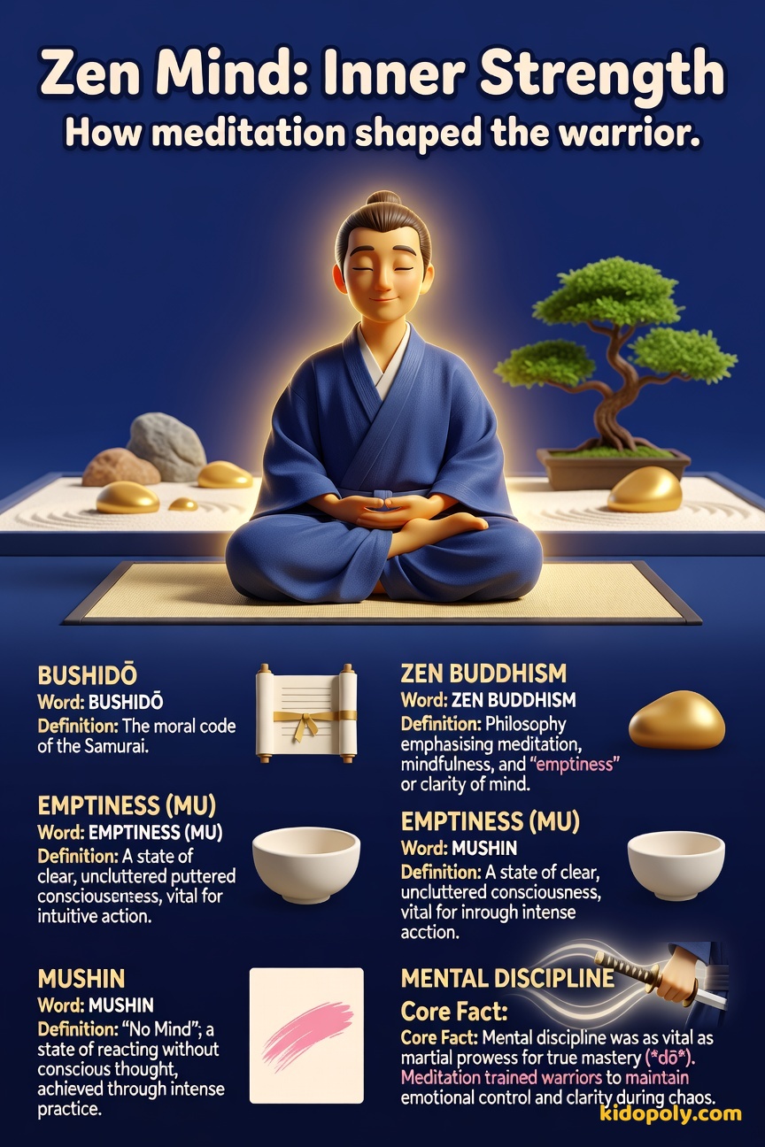 A serene illustration of a Samurai figure sitting in the lotus position, meditating calmly inside a simple temple setting with soft lighting.