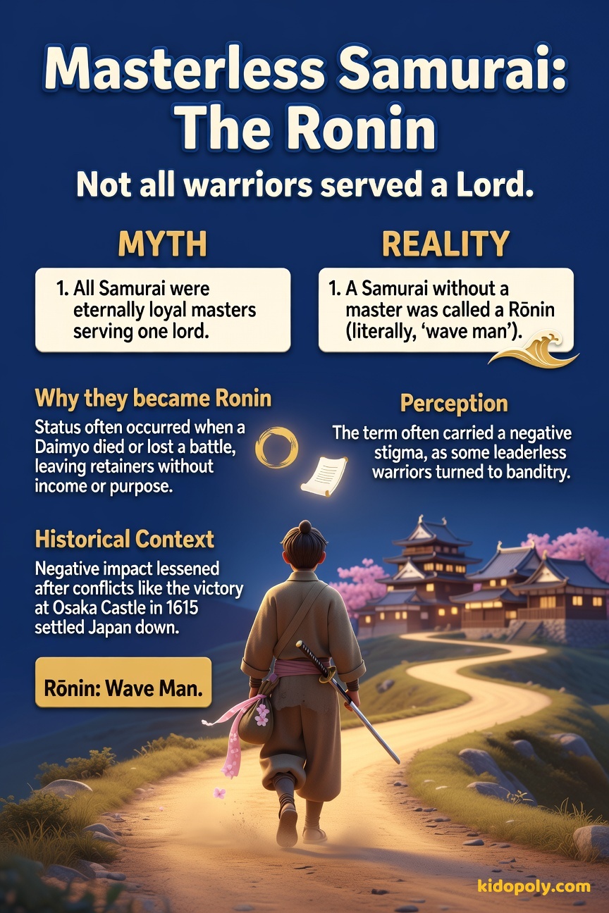 A single, solitary figure in slightly worn, simple samurai attire walking down a long, empty country road under a grey sky, representing a Ronin.