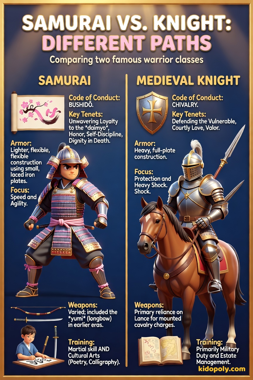 A side-by-side comparison chart showing a Samurai and a Knight, highlighting differences in armor style (flexible vs. plate) and code emphasis (Loyalty vs. Chivalry).