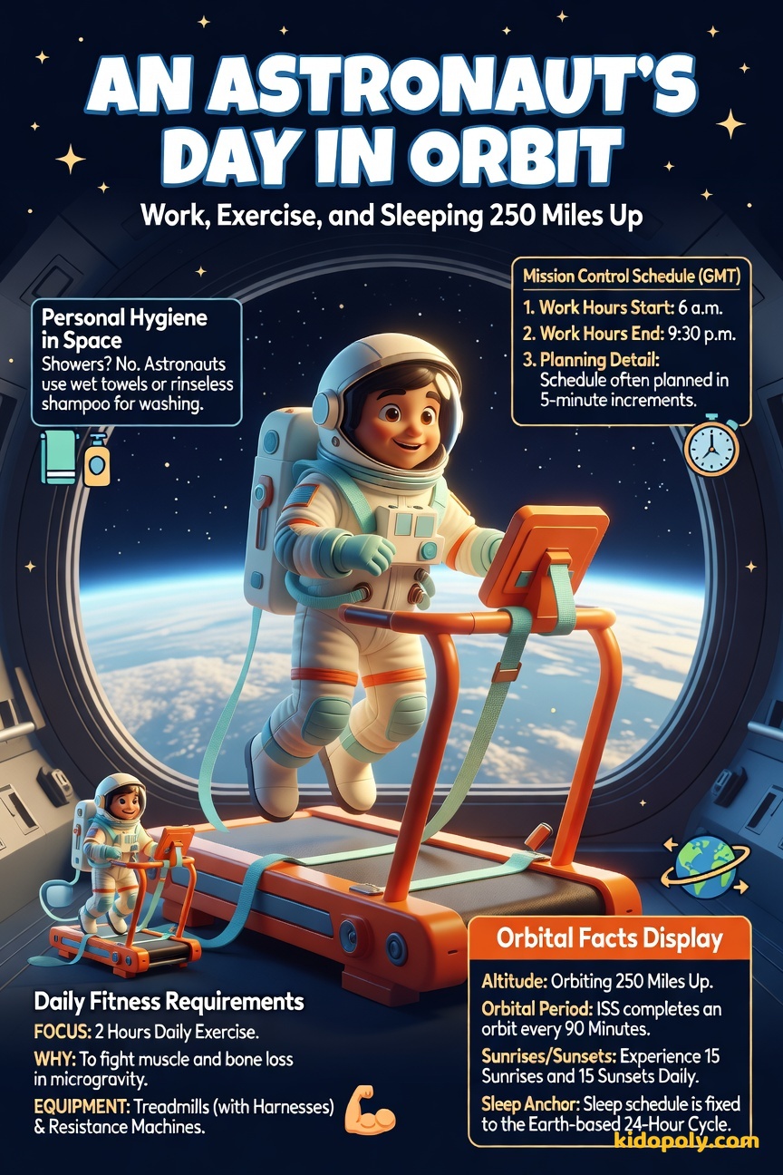 A friendly cartoon astronaut tethered to a wall inside the ISS, exercising on a treadmill with bungee cords, while another enjoys a meal pack that is floating near their face.
