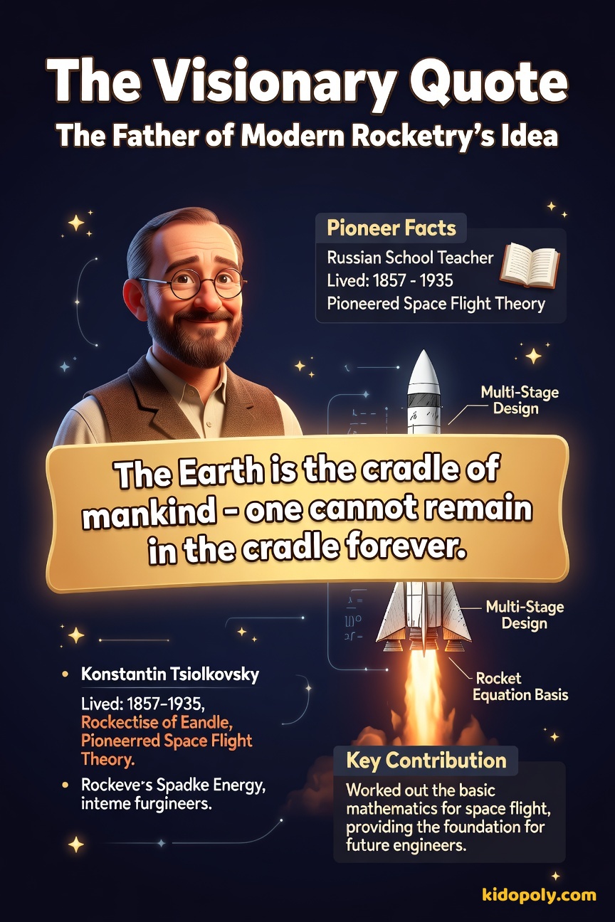A dignified, stylized portrait of an older gentleman with a beard (Tsiolkovsky) looking up towards a detailed, stylized drawing of a multi-stage rocket blasting off above him.
