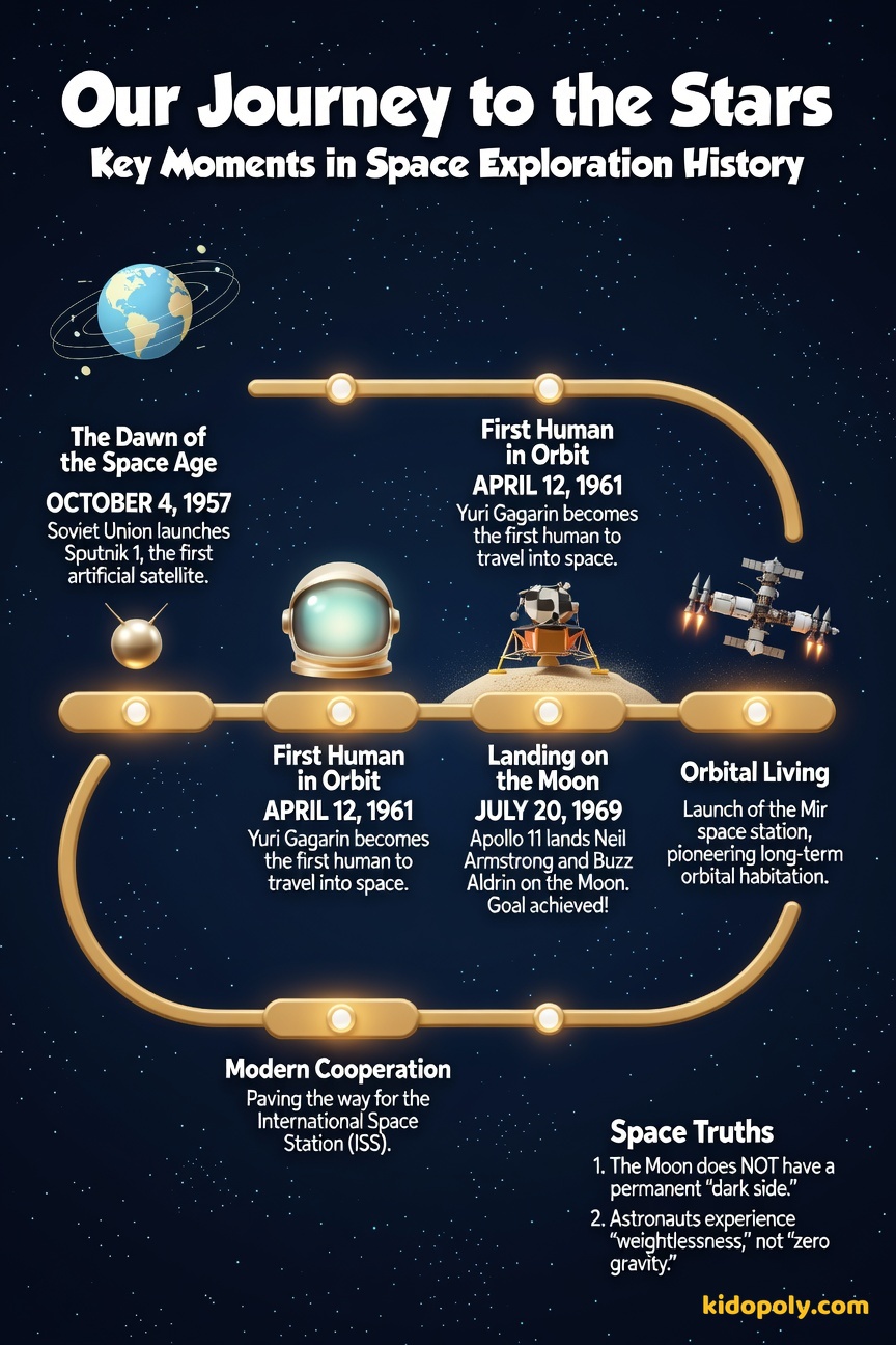 A historical timeline graphic showing the dates for Sputnik 1 launch, the first human in space (Gagarin), the Moon landing (Apollo 11), and the launch of the Mir space station.