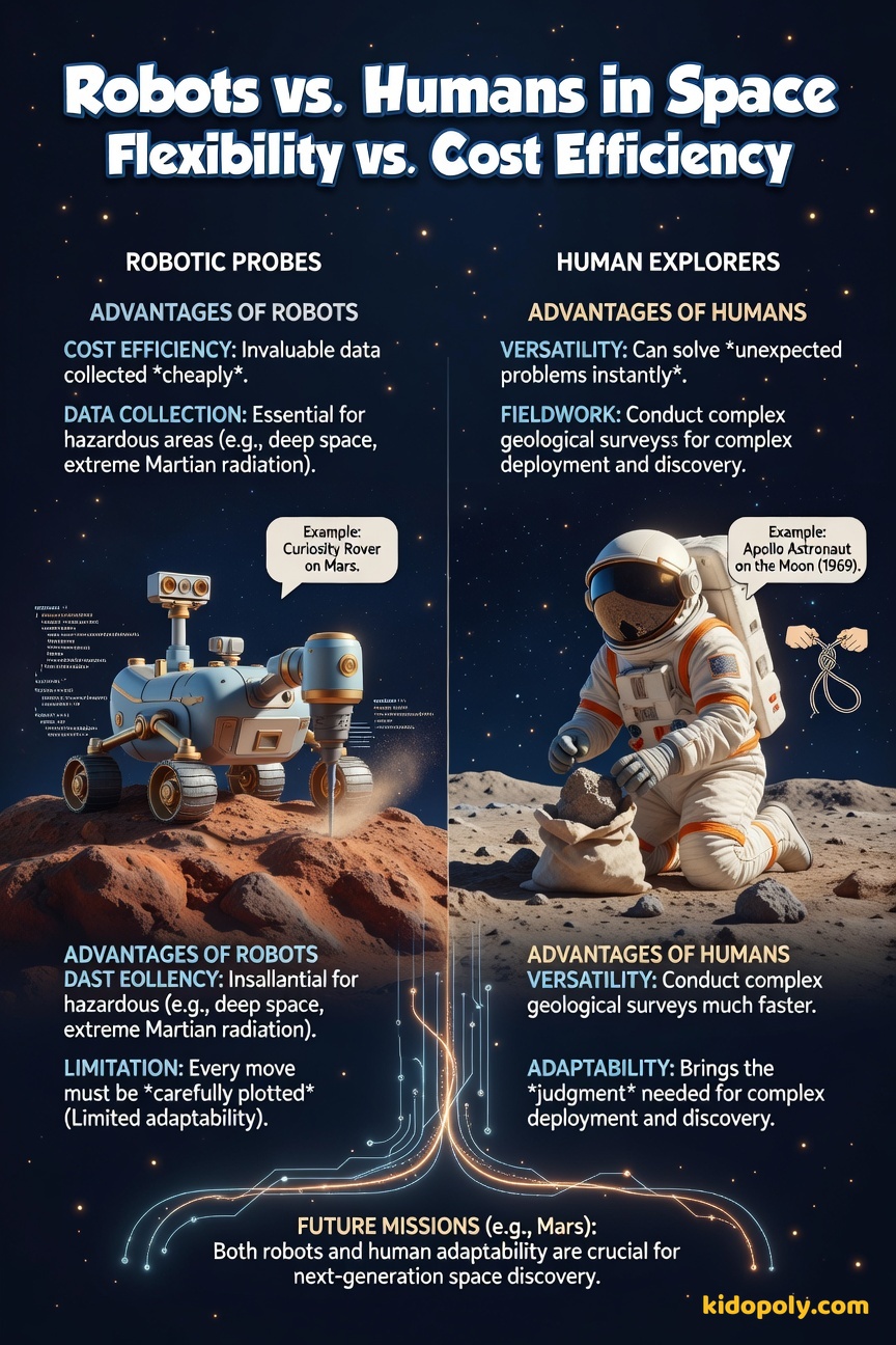 A split image: on one side, a friendly cartoon Mars rover carefully drills into a rock; on the other, a cartoon astronaut easily picks up a Moon rock and examines it.