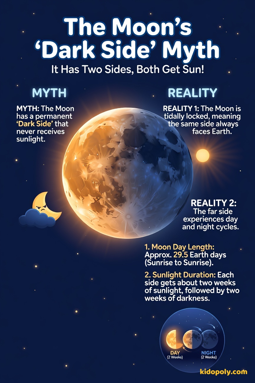 A split visual showing the Moon: one side brightly lit by the Sun (Day Side) and the other side in shadow, but with a clear Sun shining on it (Far Side, which is currently Night).