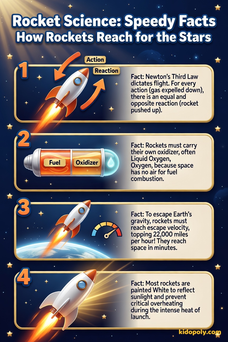 Four small icons representing rocket facts: two arrows showing action/reaction, a bottle of liquid oxygen, a speed line showing fast movement, and a white rocket.