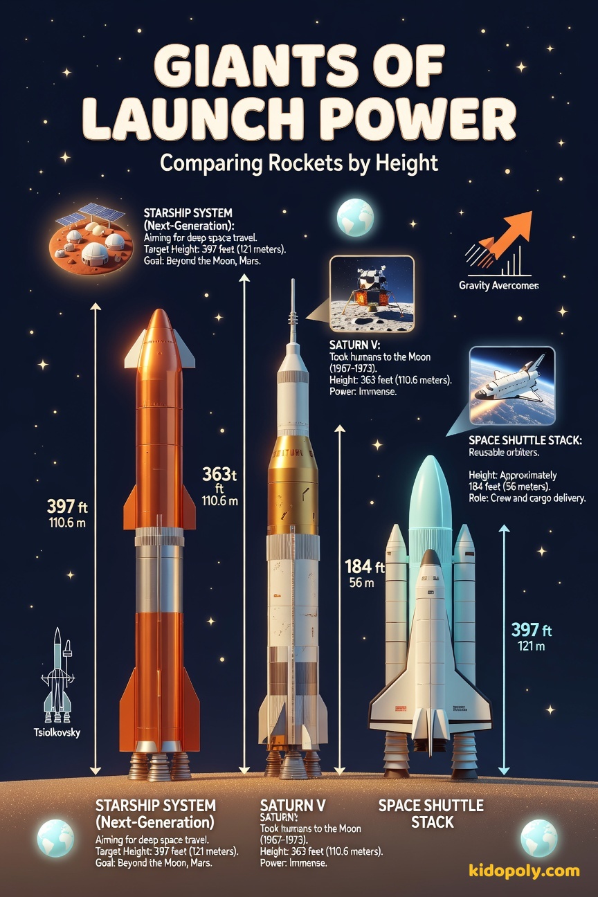 A comparison graphic showing three cartoon rockets lined up: the shorter Space Shuttle, the taller Saturn V, and the tallest, sleek new Starship.