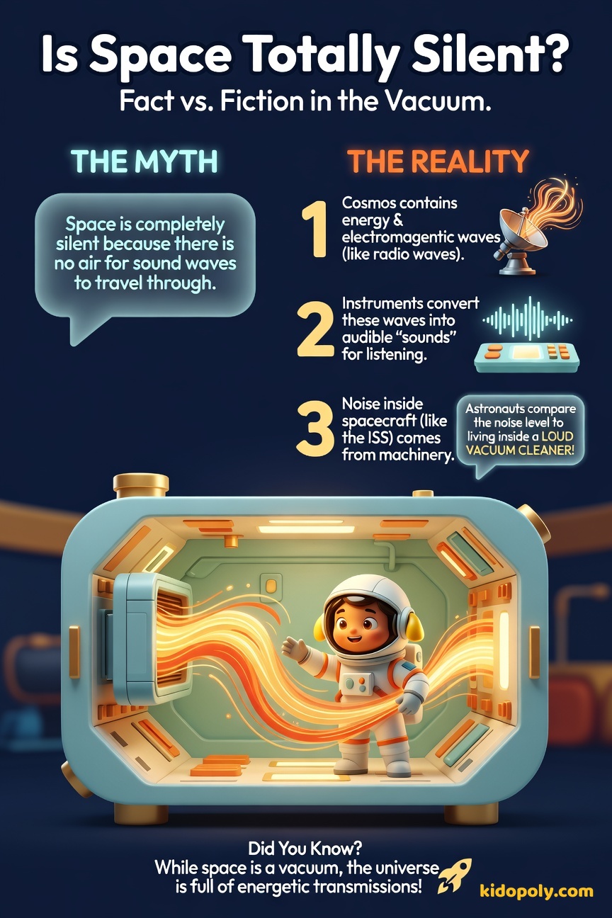 A cartoon astronaut inside the ISS wearing large earplugs, looking slightly overwhelmed by sound waves depicted as swirling light trails emanating from nearby machinery.