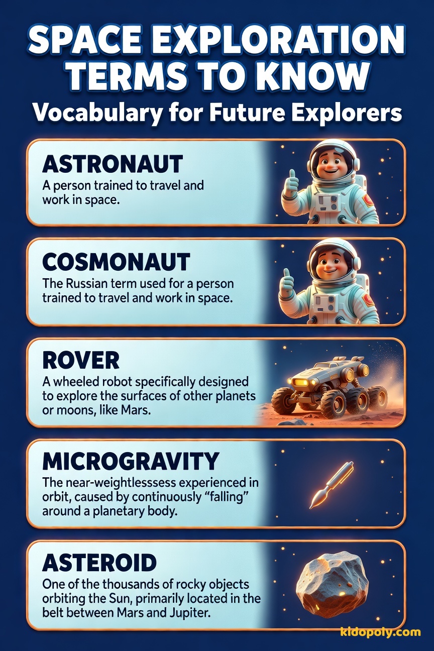 Four illustrated vocabulary terms: a friendly astronaut, a small Mars rover, a weightless astronaut floating, and a small asteroid rock.
