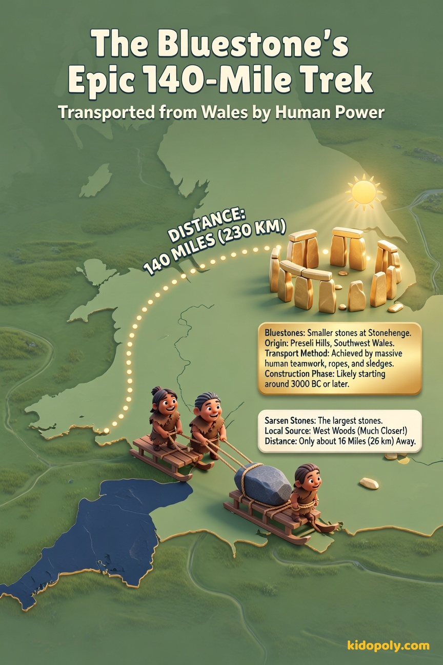 A map graphic showing a dotted line connecting the Preseli Hills in Wales to Stonehenge in Wiltshire, highlighting the 140-mile distance.