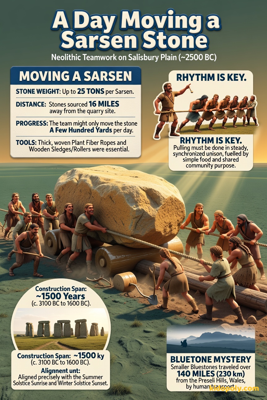 A scene depicting prehistoric people pulling a massive, rough-hewn sarsen stone on a wooden sledge using thick plant-fiber ropes.