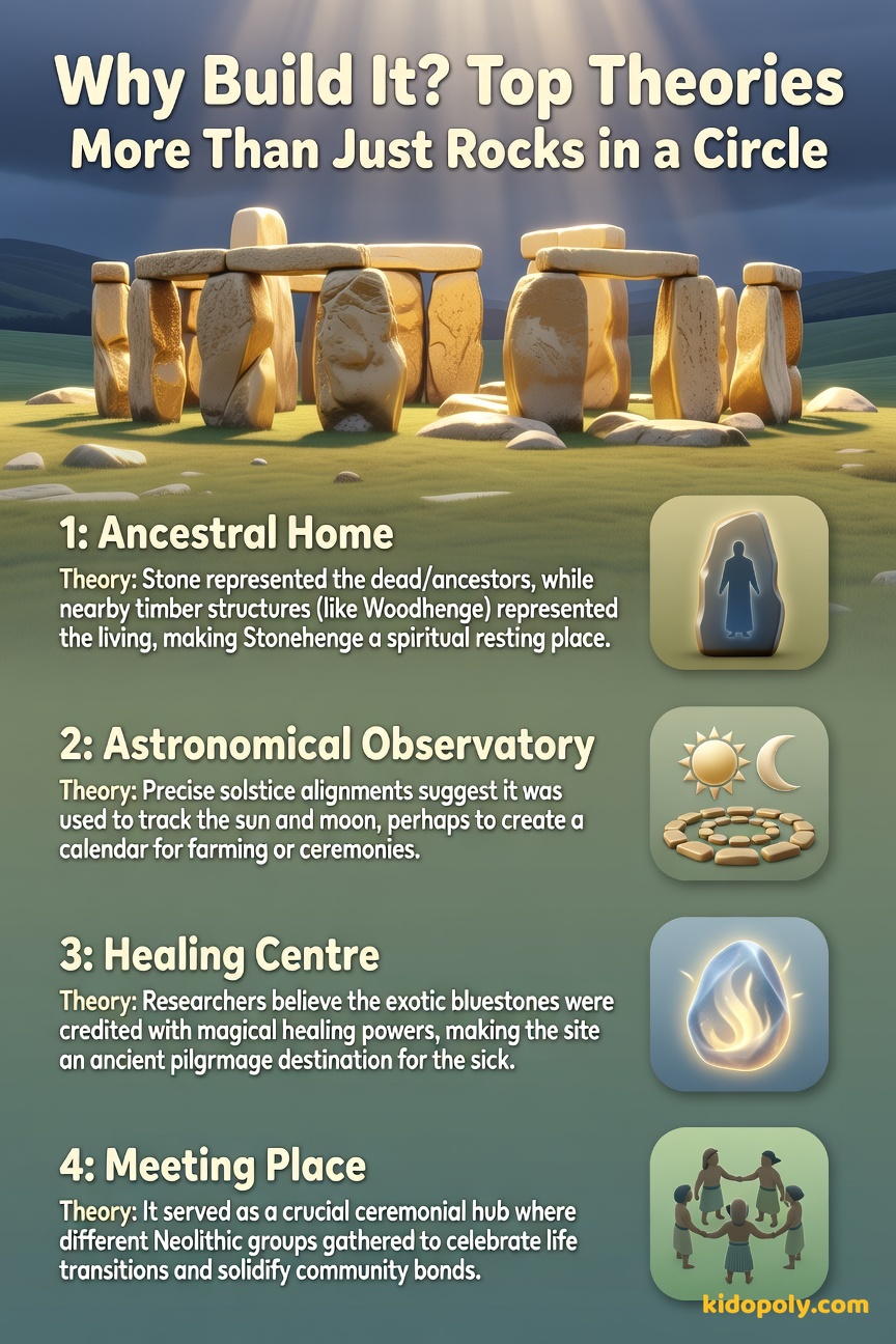 Four icons representing theories for Stonehenge's purpose: Ancestor figure, Sun/Moon symbols, a stylized hand reaching for a healing stone, and a group of people gathering.