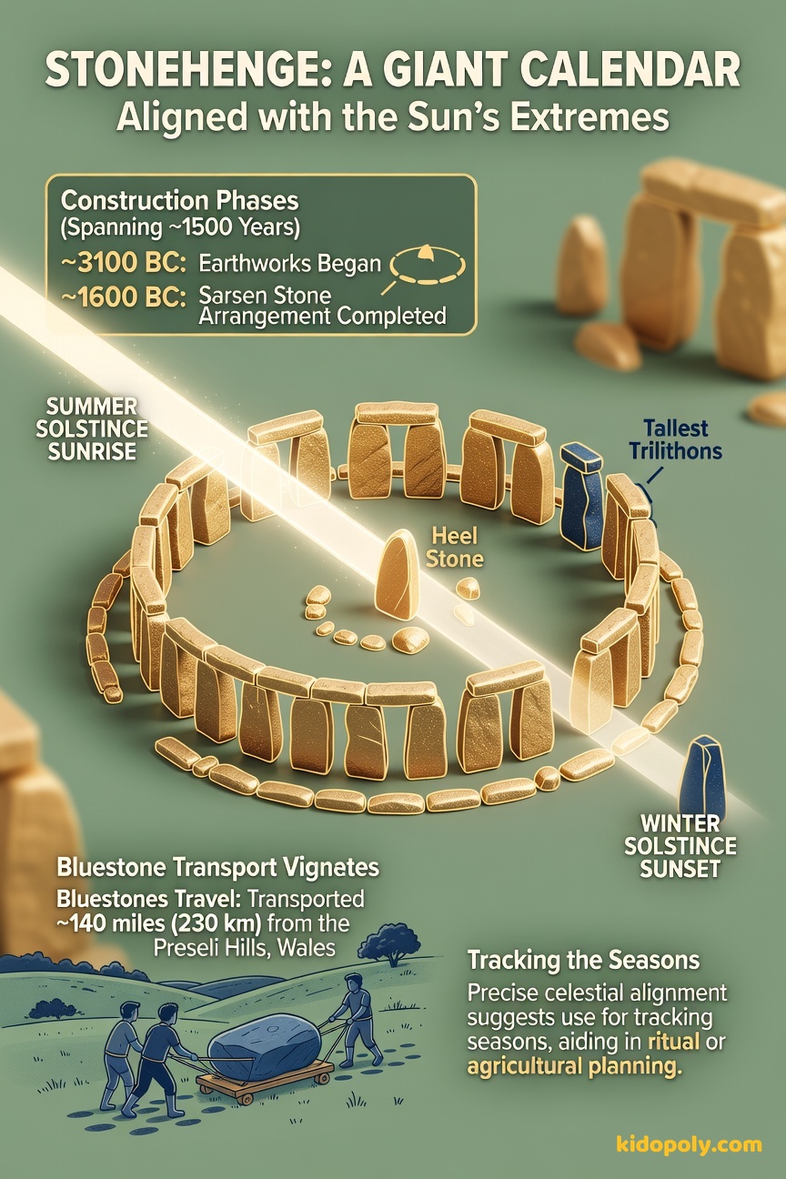An infographic showing a simplified top-down view of Stonehenge aligned to the summer solstice sunrise and the winter solstice sunset.