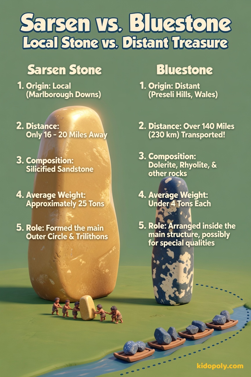 A side-by-side comparison: A massive, light-colored Sarsen stone next to a smaller, darker, mottled Bluestone.