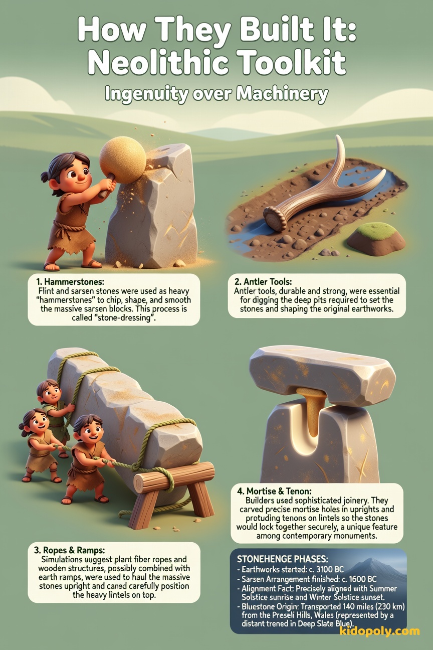 A list of four facts about the tools used to build Stonehenge: hammerstones, antler tools, ropes/ramps, and mortise/tenon joints.