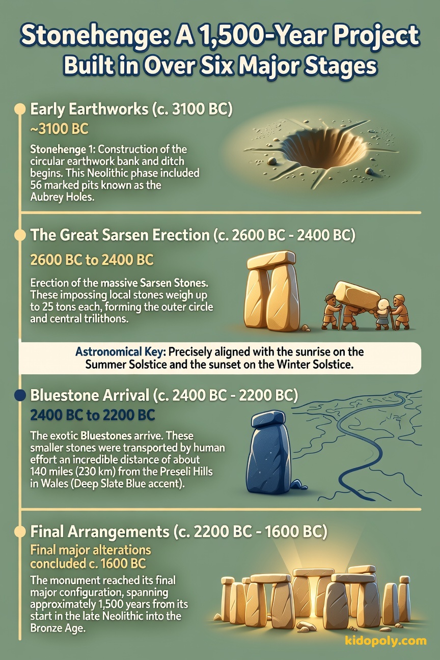 A vertical timeline graphic showing the phases of Stonehenge construction: 3100 BC (Earthwork enclosure), 2600-2400 BC (Sarsen Stones erected), and 2400-2200 BC (Bluestones arranged).