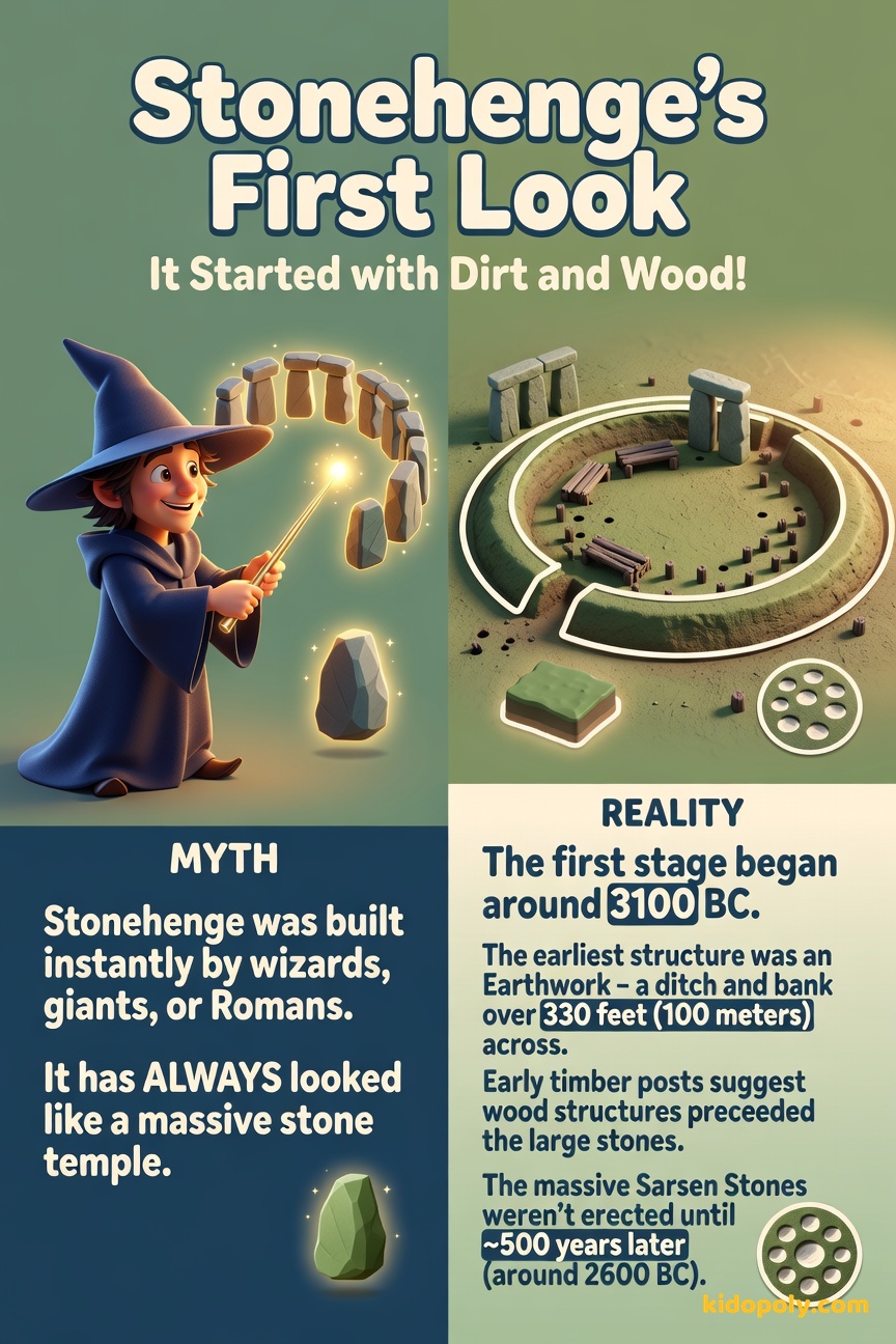 A split image: One side shows a colourful, impossible image of a wizard conjuring stones (Myth). The other side shows a simple green landscape with a circular ditch and wooden post-holes (Reality).