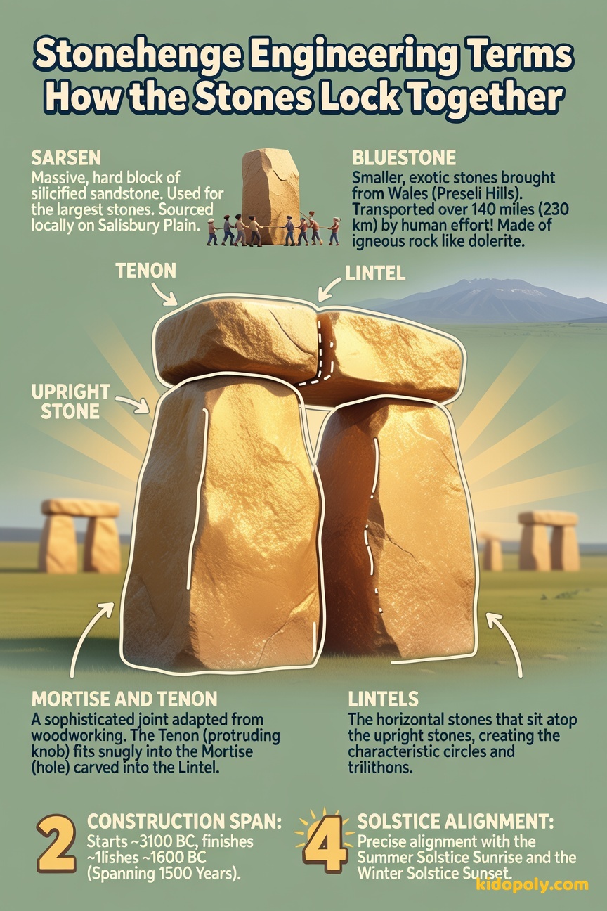 A diagram showing three key terms: A vertical block (tenon), a horizontal block with a hole (mortise), and the connecting top stone (lintel).