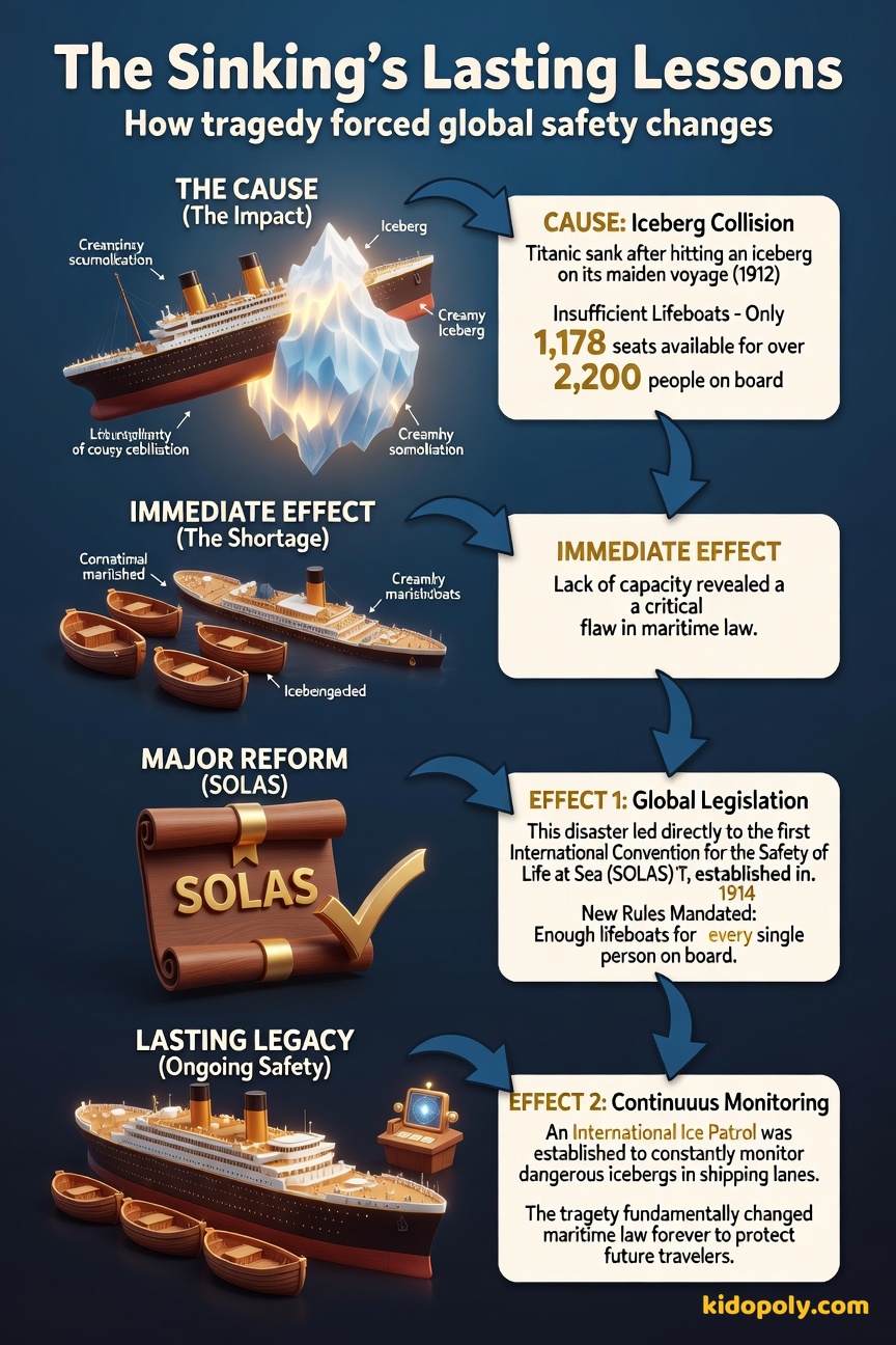 A clear chain diagram: Iceberg Hits Ship -> Not Enough Lifeboats -> New SOLAS Law Created -> More Lifeboats Required on All Ships.