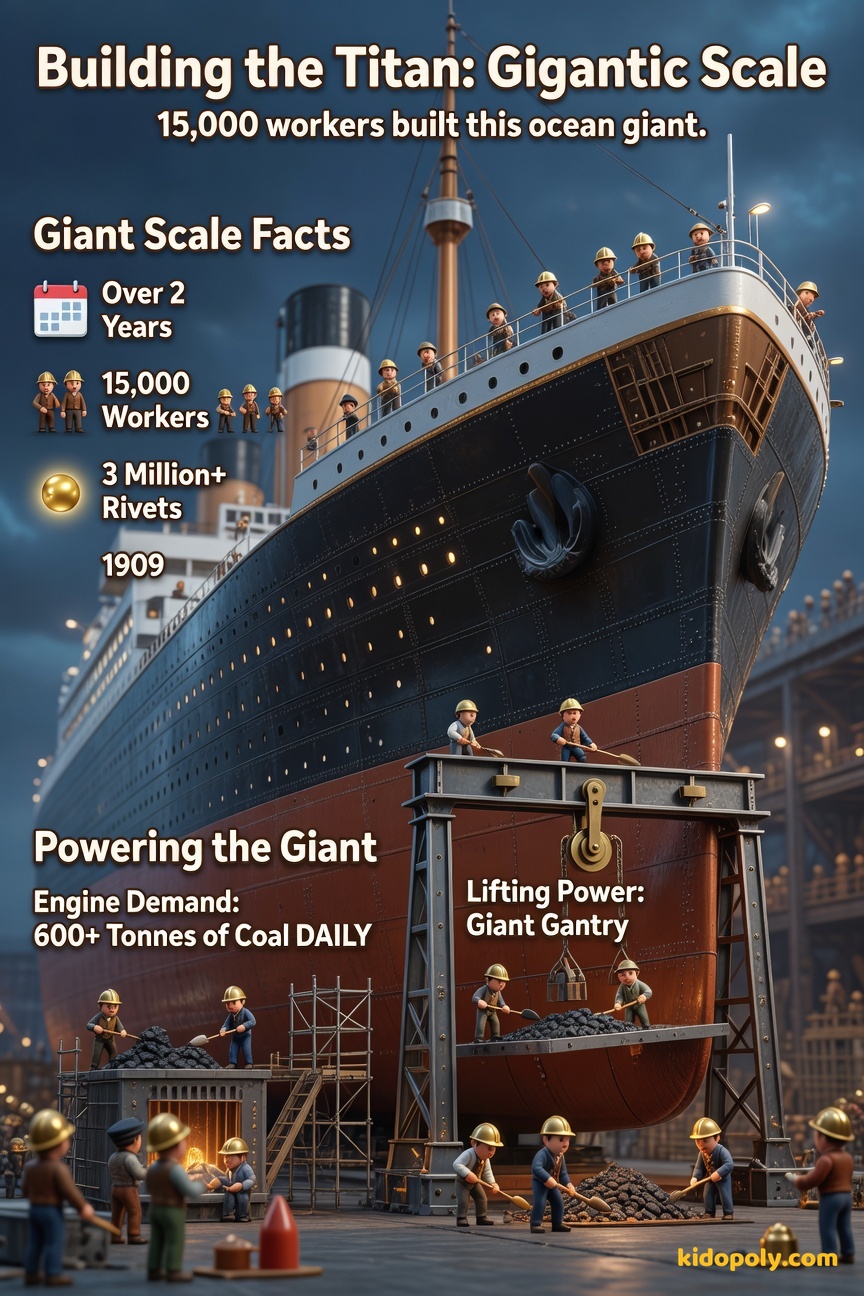Illustration of the Titanic hull under construction in a dry dock, showing workers near massive steel plates and a towering gantry structure overhead.