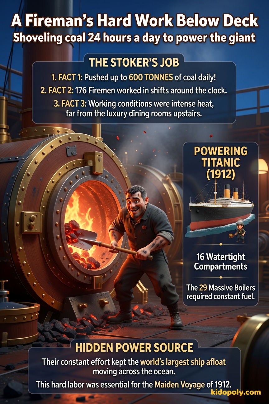 Illustration of a strong, hardworking fireman covered in soot, cheerfully shoveling glowing coal into a massive ship's furnace.