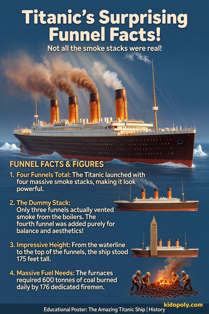 Illustration of the Titanic with four funnels, with the rearmost funnel glowing slightly less brightly or having a faint 'x' over it to denote it as fake.