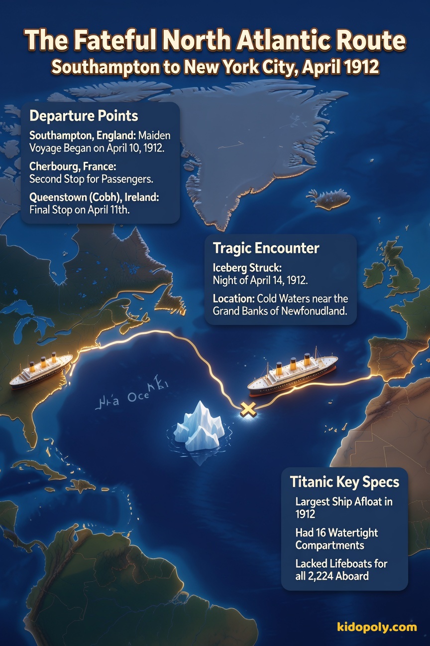 A simple map showing the transatlantic route from Southampton, UK, stopping at Cherbourg and Queenstown, Ireland, before crossing the Atlantic to New York City, with a small 'X' marking the sinking location.