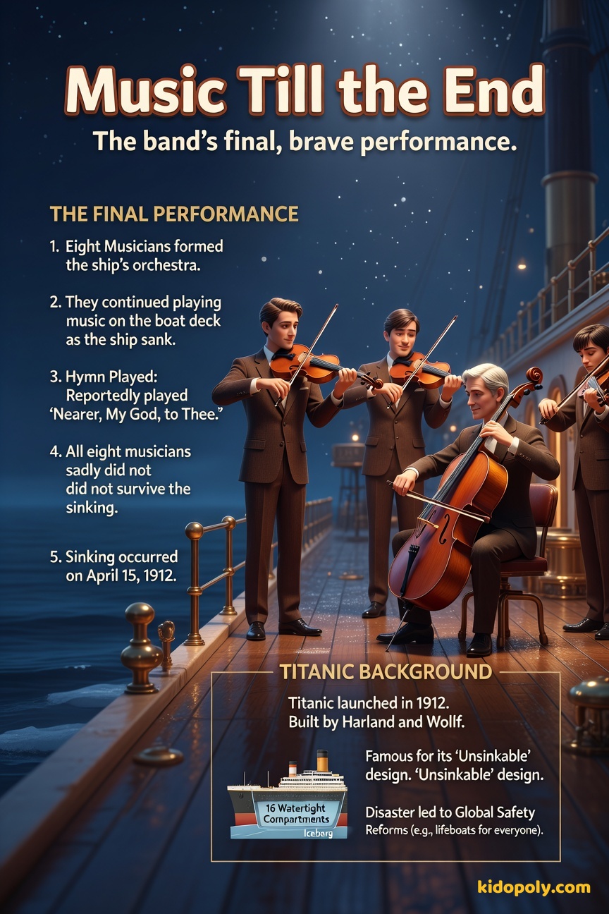 Illustration of a small group of musicians in formal wear playing violins and cellos on a sloped, dark deck, looking calm amidst the chaos.