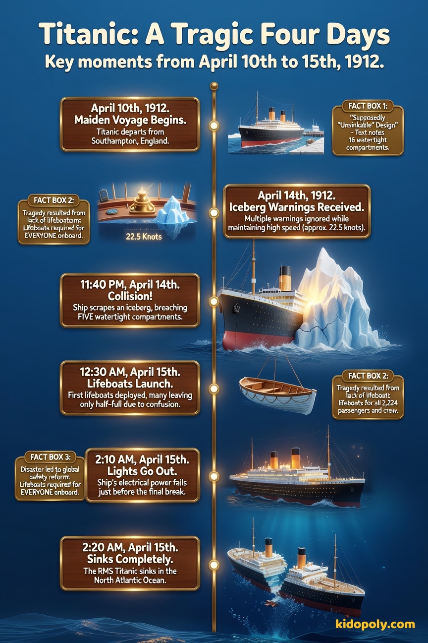 A vertical timeline showing key events: Departure (April 10), Iceberg Collision (11:40 PM, April 14), Lifeboats Launched (12:30 AM, April 15), and Sinking (2:20 AM, April 15).