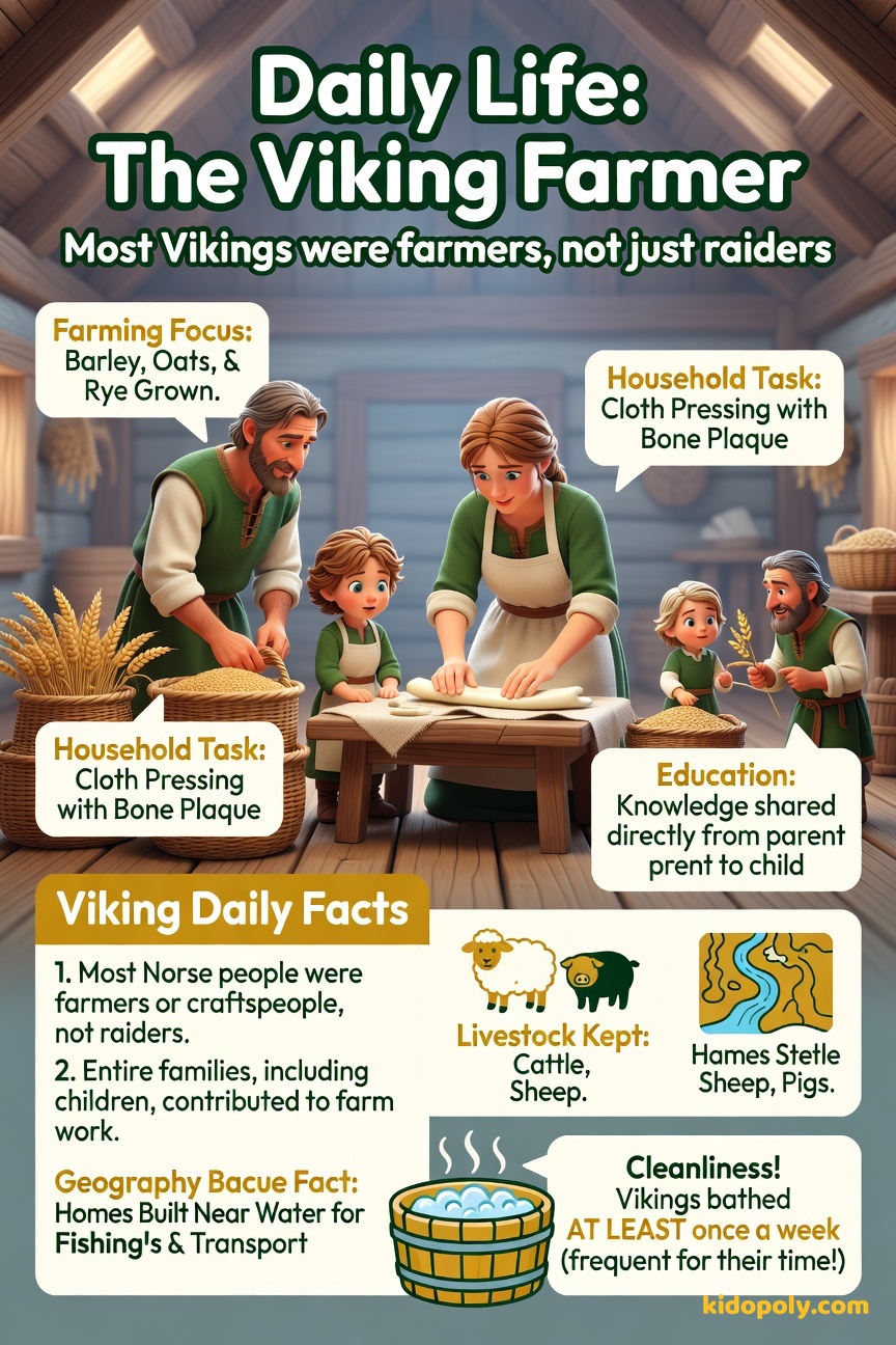 A warm, cozy scene inside a timber Viking longhouse where a Viking family is working together - one person is grinding grain, another is preparing fish, and children are nearby learning a craft.