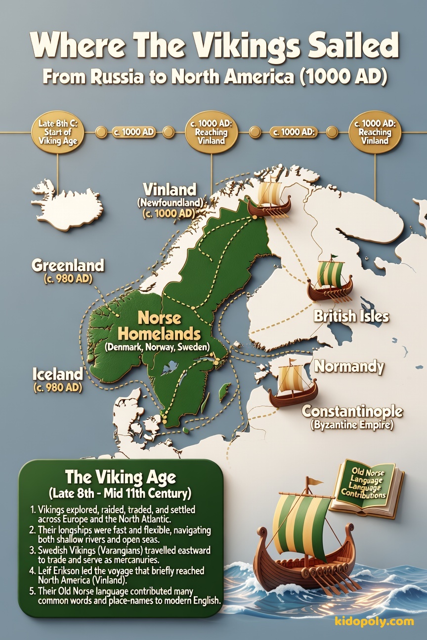 A stylized world map focused on Europe and the North Atlantic, showing longship routes connecting Scandinavia to the British Isles, France, Russia/Byzantium, Iceland, Greenland, and a dot on Newfoundland (Vinland).
