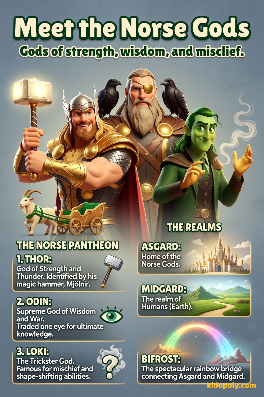 A composition featuring three friendly cartoon gods: Thor with a hammer, Odin with one eye covered and two ravens nearby, and Loki with a playful, mischievous expression.