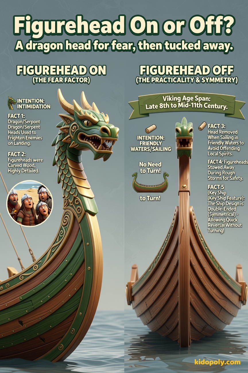 A side-by-side comparison: One Viking longship has a fierce, carved wooden dragon head on its bow (labeled 'For Raiding'), and the other longship has a plain bow (labeled 'For Trading/Storms').