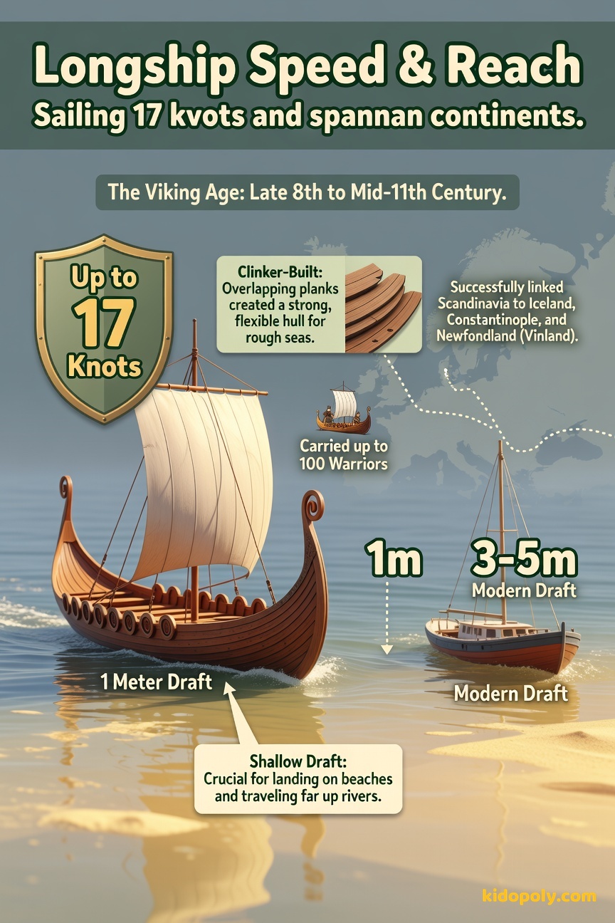 A cross-section comparison showing a Viking longship floating in very shallow water next to a modern rigid ship that is stuck on the bottom, emphasizing the Viking ship's shallow draft.