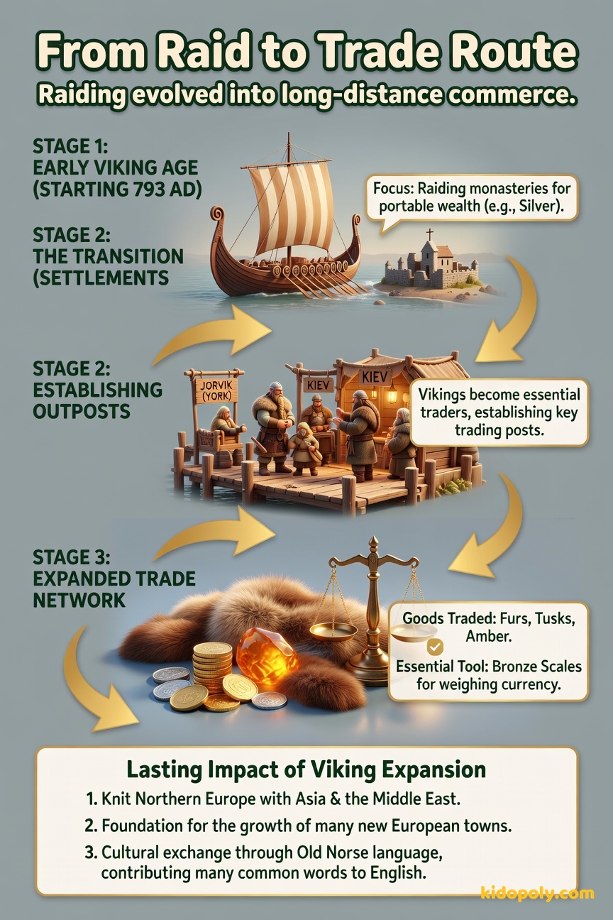 A chain graphic showing three linked stages: 1. A small longship landing near a monastery (Raid). 2. The longship now at a busy dock with other merchants (Trade). 3. A pile of silver coins and exotic goods (Wealth/Commerce).