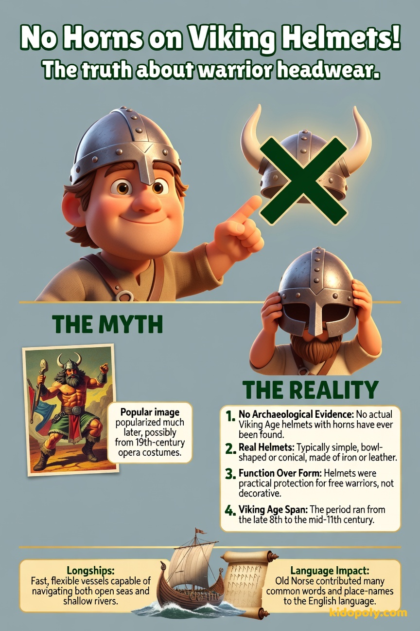 A friendly, cartoon Viking character wearing a plain, rounded iron helmet stands next to a cartoon thought bubble showing a helmet with large, impractical horns, which has a big red 'X' over it.