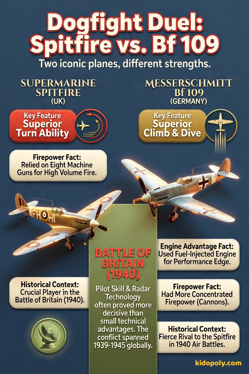 A side-by-side comparison of a Supermarine Spitfire and a Messerschmitt Bf 109 shown in profile, with highlighted labels pointing out key features like 'Better Turning' for the Spitfire and 'Better Climb' for the Bf 109.