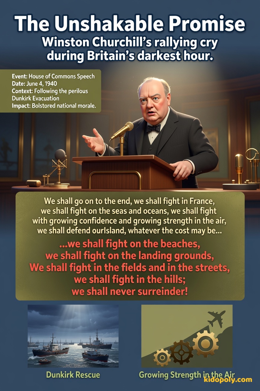 A dignified, close-up, profile illustration of Winston Churchill in his signature bow tie, giving a determined speech, with the words 'we shall never surrender!' emphasized below him.