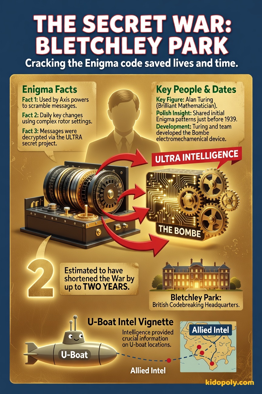An infographic illustrating the Enigma machine, showing rotors, with an arrow leading to a stylized 'Bombe' machine, and finally pointing to a signal banner reading 'ULTRA' intelligence.