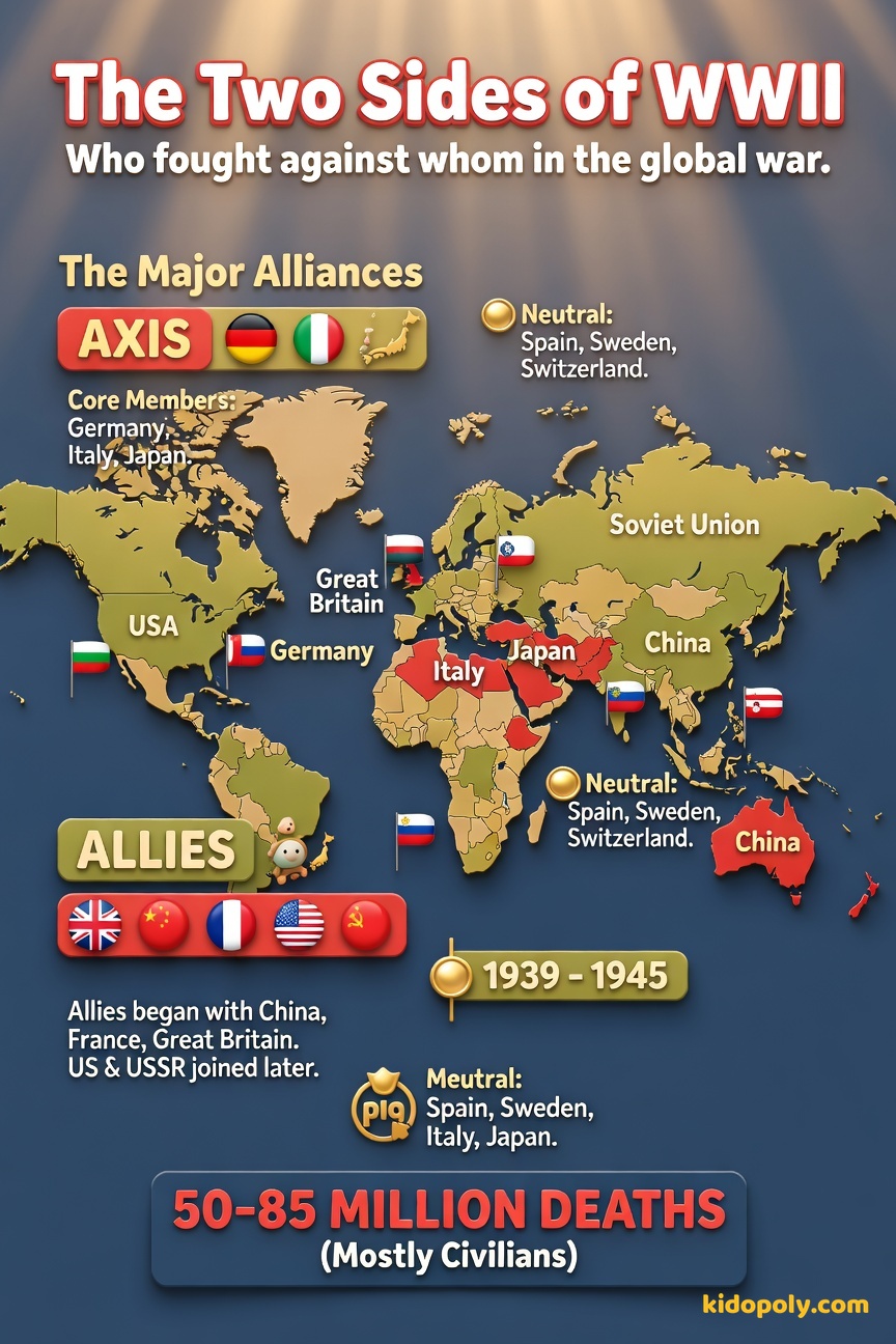 A stylized world map divided into two main coloured sections: one for the Allies (e.g., blue) and one for the Axis Powers (e.g., red), with a few neutral countries clearly marked.