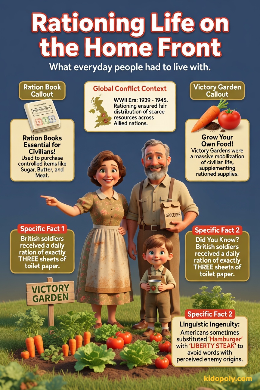 A friendly, 1940s-style illustration of a family looking happily at a small basket of vegetables labeled 'Victory Garden,' next to a very small, neatly stacked pile of groceries with a ration book on top.