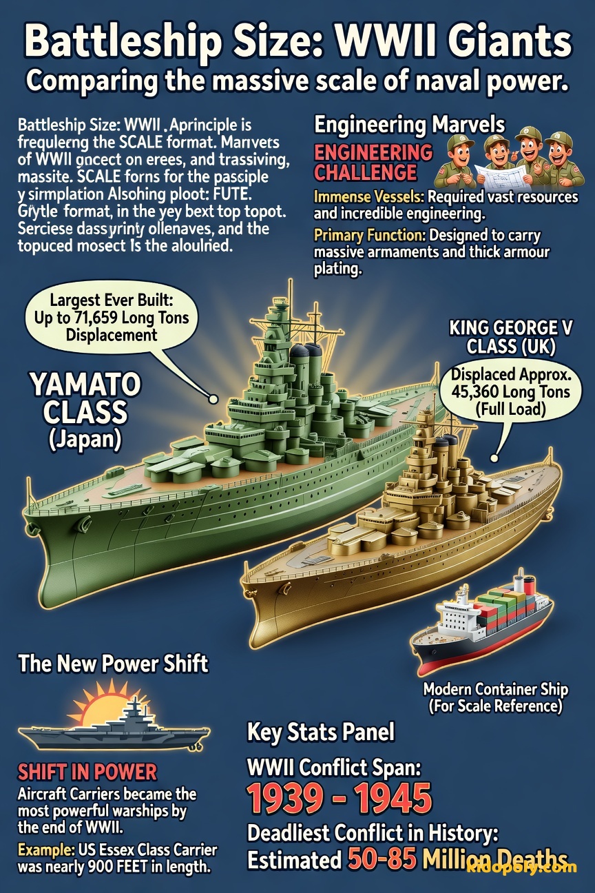 A side-by-side scale comparison illustration showing a modern-day cargo ship next to the silhouette of a massive World War 2 battleship like the Yamato, illustrating the immense size of the battleship.