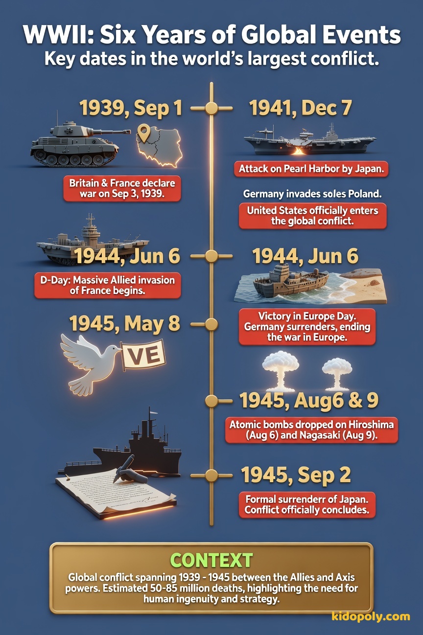 A vertical timeline graphic showing key dates from 1939 to 1945, marked with small icons for invasion, attack, and surrender.