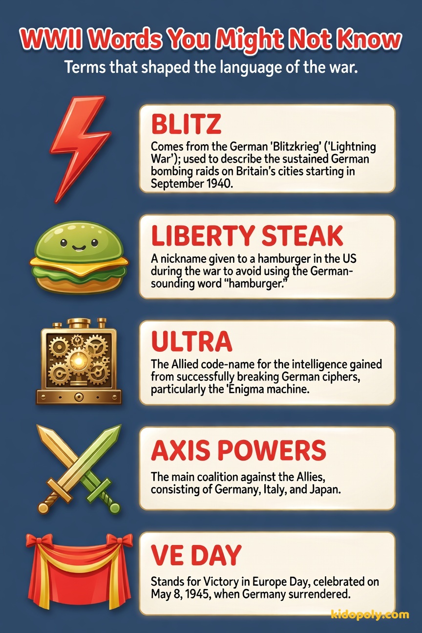 A graphic displaying five key vocabulary words from WWII: Blitz, Liberty Steak, ULTRA, Axis Powers, and VE Day, each with a short, one-line definition.